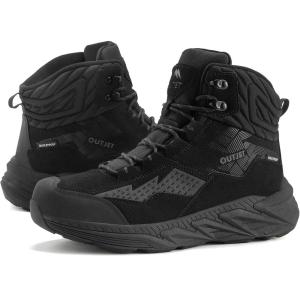imageMens Waterproof Hiking Boots Lightweight Comfortable Leather Mid Ankle Outdoor Trekking BootAll Black