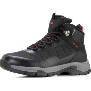 image:imageOUTJET Mens Waterproof Hiking Boots Lightweight Comfortable Leather Mid Ankle Outdoor Trekking BootBlack1
