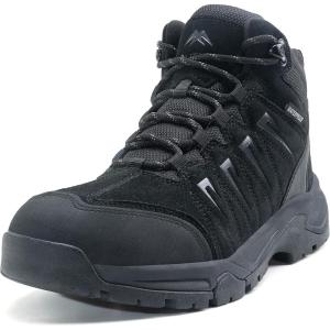 image:imageOUTJET Mens Waterproof Hiking Boots Lightweight Comfortable Leather Mid Ankle Outdoor Trekking BootDeep Black